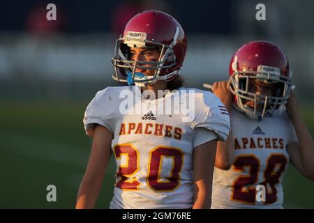 Arcadia Apaches punter Kayla Ibrahim (20), left, and kicker Victoria Kenworthy (28) during a high school football game against La Salle Spartans, Thur Stock Photo