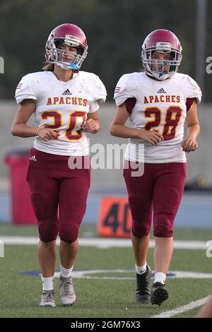 Arcadia Apaches punter Kayla Ibrahim (20) and kicker Victoria Kenworthy (28) during a high school football game against La Salle Spartans, Thursday, S Stock Photo