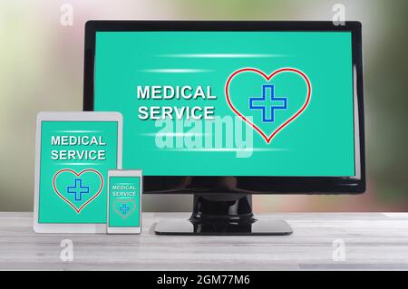 Medical service concept shown on different information technology devices Stock Photo