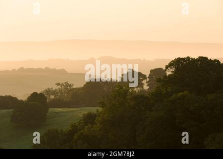A misty morning view east from Dunster Park over rolling hills and the Quantock Hills beyond, Somerset, England. Stock Photo