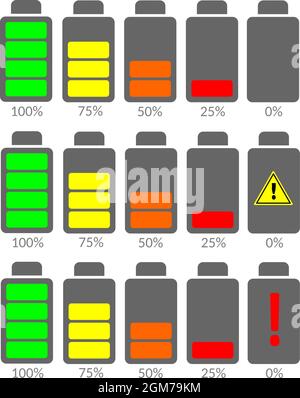 Battery level, 100% 75% 50% 25% 0% charge Stock Vector