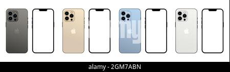 Set of New iphone 13 pro in four colors  (Sierra Blue, Silver, Gold, and Graphite) by Apple Inc. Mock up screen iphone and back side phone. Vector ill Stock Vector