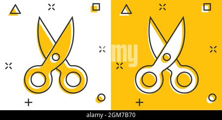 Scissor icon in comic style. Cut equipment cartoon vector illustration on white isolated background. Cutter splash effect business concept. Stock Vector