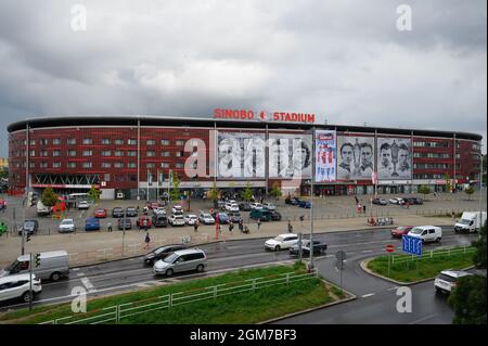 Prag, Czech Republic. 16th Sep, 2021. Football: UEFA Europa Conference League, Slavia Prague - 1. FC Union Berlin, Group Stage, Group E, Matchday 1, Eden Arena. View of the stadium from outside. Credit: Robert Michael/dpa-Zentralbild/dpa/Alamy Live News Stock Photo