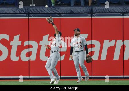 Detroit Tigers left fielder Eric Haase catches a fly ball during the fifth  inning of a baseball game against the Kansas City Royals Saturday, April  16, 2022, in Kansas City, Mo. (AP