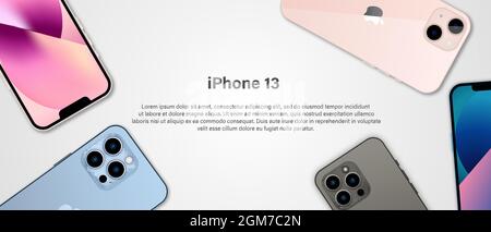 Vinnytsia, Ukraine - September 17, 2021. Vector Banner for iPhone 13. Vector illustration for app, web, presentation design Stock Vector