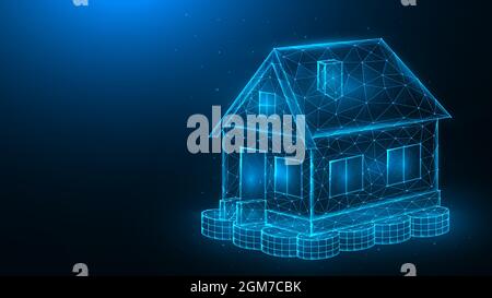 House investment concept. Polygonal vector illustration of a house that stands on a stack of coins on a dark blue background. Buying or selling home b Stock Vector
