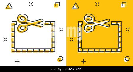 Coupon cut lines icon in comic style. Scissors snip cartoon sign vector illustration on white isolated background. Sale sticker splash effect business Stock Vector