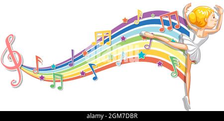 Ballerina with melody symbols on rainbow wave illustration Stock Vector ...