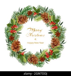 Christmas and New Year wreath with spruce branches, pine cones, red berries and anise stars. Holiday greeting card. Stock Vector illustration isolated Stock Vector