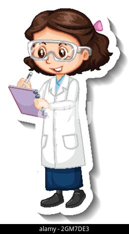 Girl wearing scientist outfit cartoon character sticker illustration Stock Vector