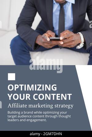 Optimizing your content text against mid section of african american businessman using smartphone Stock Photo