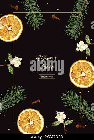 Winter sale banner with spruce branches, snowberry, dried slices of orange, cloves spice and golden confetti on black background. Stock Vector