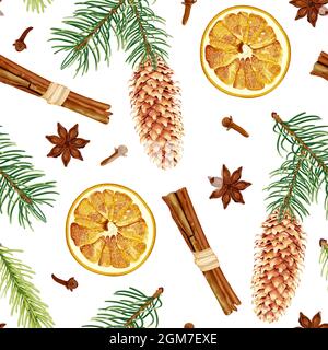Christmas and New Year seamless pattern with fir branches, pine cones, cinnamon, dried oranges, anise stars, and cloves. Stock Vector