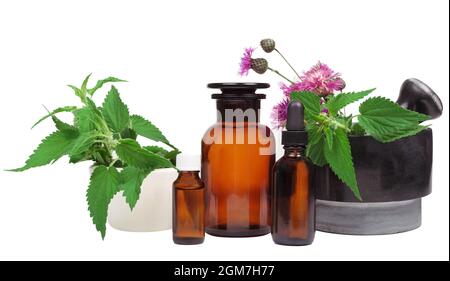 Mortar , fresh herbs and essential oil bottle. Alternative Medicine, herb composition on white background, Isolated. Stock Photo