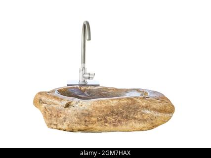 Natural stone washbasin isolated on white background. Modern sink for washing hand cut out, front view