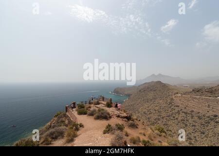 Shot of the from the viewpoint of La Amatista in Cabo de Gata in Rodalquillar, Almeria, Spain Stock Photo