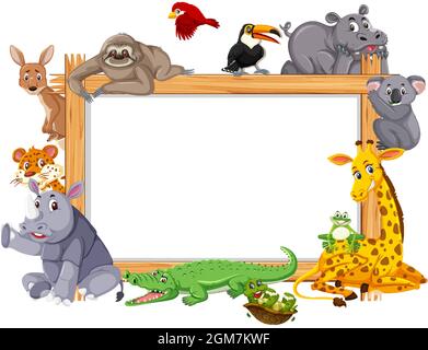 Empty wooden frame with various wild animals in the farm illustration ...