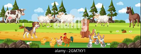 Panorama landscape scene with various farm animals in the forest ...