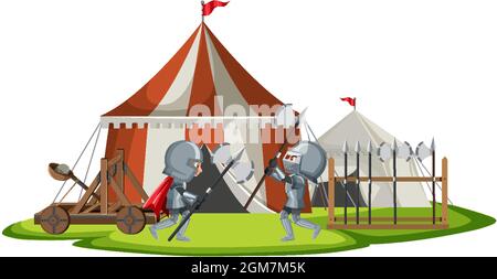 Military medieval camp with two warriors fighting illustration Stock ...