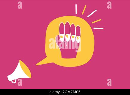 Flat illustration of woman or girl hand shown and nail polish with various girl empowerment symbol - crown, thunder, star, female sign Stock Vector