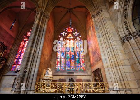 PRAGUE, CZECH REPUBLIC - APRIL 14, 2016: Stained glass windows of St. Vitus Cathedral in Prague, Czech Republic. Stock Photo