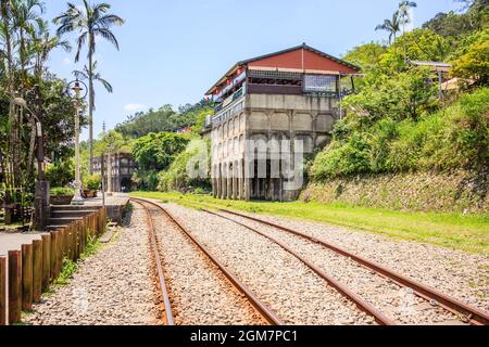 Pingxi station and Railway at Pingxi, northern of Taipei, is a popular destination for one day trip by train in New Taipei City, Taiwan Stock Photo