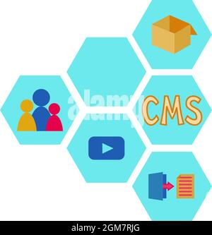 Colorful cartoon pattern of cms elements. Hexagon arrow point left. Content management system vector illustration for web site, banner or leaflet desi Stock Vector