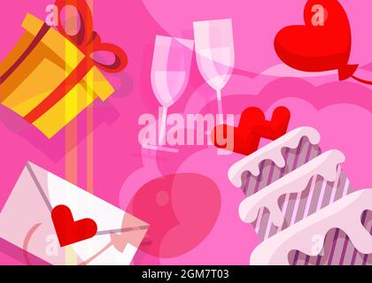 Wedding banner with cake and gifts. Postcard design in cartoon style. Stock Vector