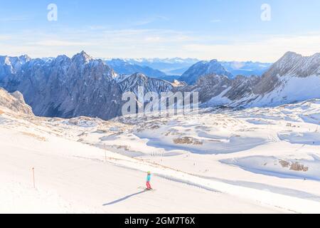 Zugspitze Glacier Ski Resort in Bavarian Alps, Germany. The Zugspitze, at 2,962 meters above sea level, is the highest mountain in Germany Stock Photo