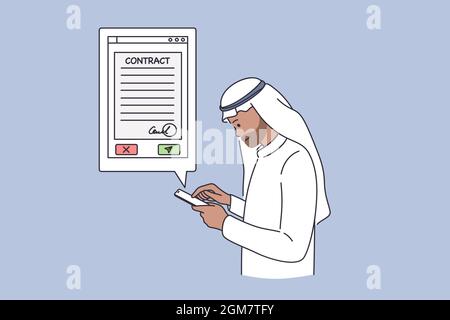 Arab business contracts online concept. Arab Emirate Businessman cartoon character standing with smartphone searching for Agreement contract information in internet vector illustration  Stock Vector