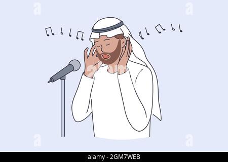 Muezzin and islamic culture concept. Man Person Reciter Calling for Pray Or Called Adhan singing religious song vector illustration  Stock Vector