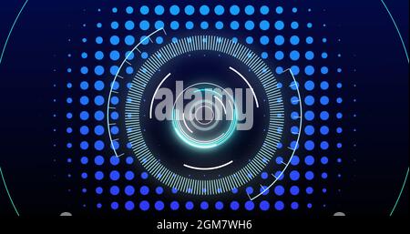 Digital image of neon round scanner spinning against mosaic squares on blue background Stock Photo