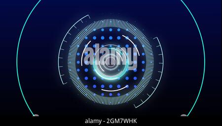 Digital image of neon round scanner spinning against mosaic squares on blue background Stock Photo