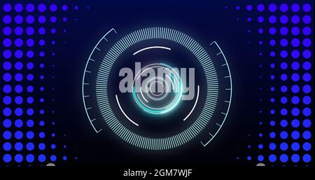 Digital image of neon round scanner spinning against mosaic squares on blue background Stock Photo