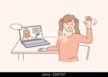 Online education and elearning concept. Happy cute little kid girl sitting at laptop waving hand doing home school with computer laptop e-learning and course vector illustration  Stock Vector