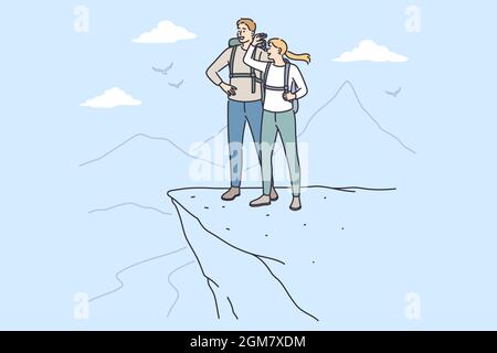 Trip, adventure and summer vacations concept. Young happy couple cartoon characters standing with backpacks looking at scenery view from mountain top peak feeling freedom vector illustration  Stock Vector