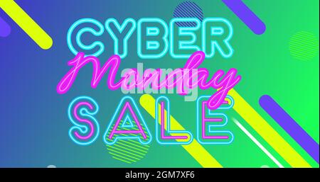 Image of cyber monday sale neon text with abstract shapes on green to blue gradient background Stock Photo