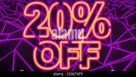 Image of 20 percent off neon text on purple cubes in background Stock Photo