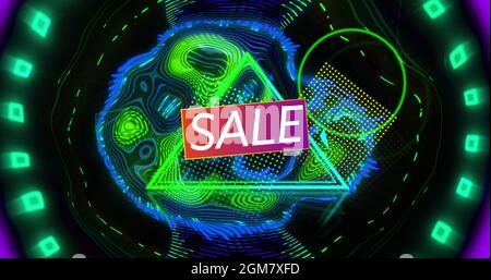 Image of sale text over neon triangle and abstract shapes background Stock Photo
