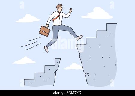 Business challenge and success concept. Young confident Businessman cartoon character Jumping over abyss for development and success in job vector illustration  Stock Vector