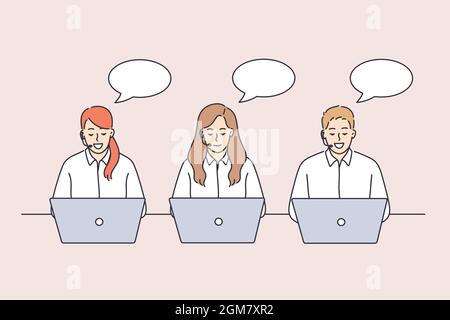 Call center workers during work concept. Group of young people workers operators customer service with laptops sitting talking to clients vector illustration  Stock Vector