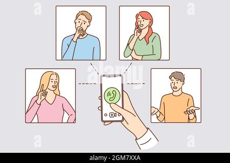 Video conference and remote work concept. Group of people having online video chat conference meeting work form home vector illustration  Stock Vector