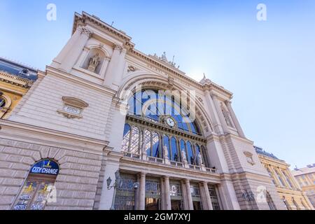 BUDAPEST, HUNGARY - APRIL 13, 2016: Facade of 'Keleti' Station in Budapest. Keleti is the Eastern railway station, was opened in 1884 and is among lar Stock Photo