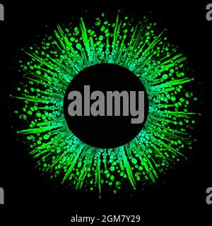 Colorful abstract acrylic splashes in rounded shape with free space for text on black background. Gradient frame in green colors.  Free flowing cells. Stock Photo