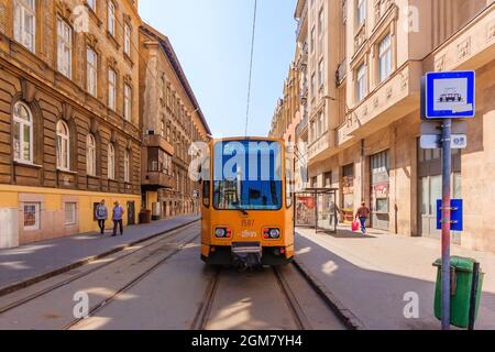 BUDAPEST, HUNGARY - APRIL 13, 2016: Old Tram in the city center of Budapest, Old Tram at Train Stations in Budapest, Hungary Stock Photo