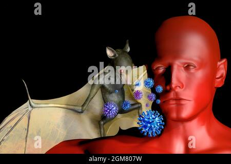 viele Viren wandern von der Tierwelt zum Menschen. Haeufig spielen Fledermaeuse dabei eine grosse Rolle - Symbolbild: CGI-Visualisierung: Coronavirus Stock Photo