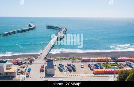 Puerto Maguillines, maule, constitucion chile. Aerial view with drone horizontal photo of the port Stock Photo