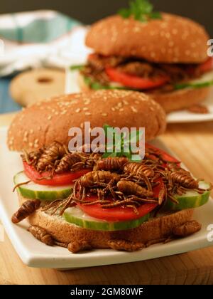Edible insects with vegetables. Stock Photo