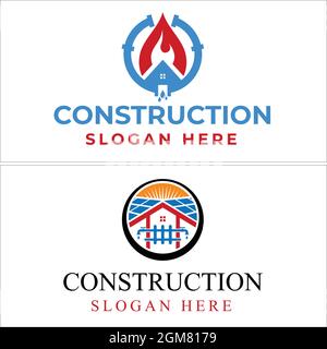 Construction home plumbing and sun solar panel logo design Stock Vector